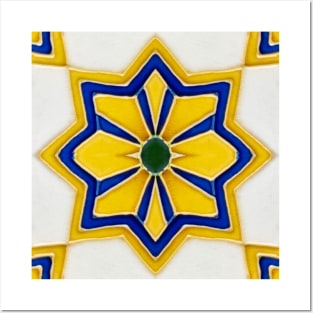 Seamless relief sculpture decoration retro pattern Chinese royal yellow blue curve flower star shape Posters and Art